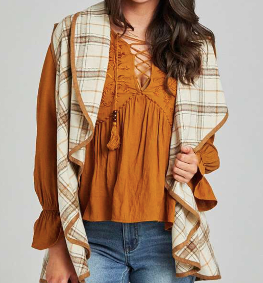 NWT Altar'd State Neutral Wool Blend Waterfall Beige Plaid Vest Size: Small